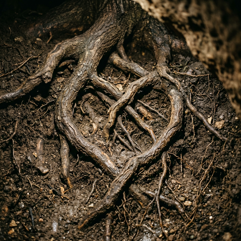 Tree roots shaped like a heart intertwined in soil
