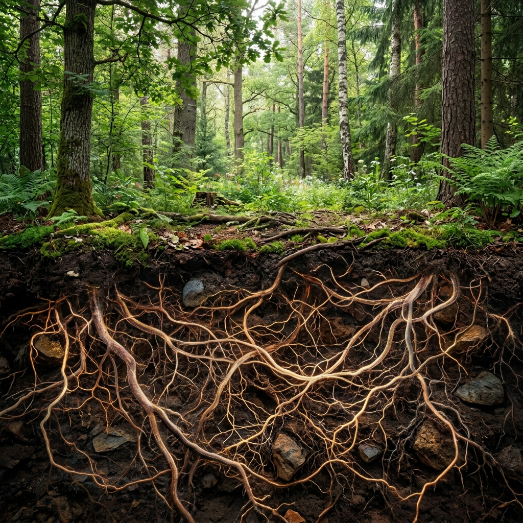 Tree roots intertwined with glowing blue and orange mycelium networks underground beneath a green forest