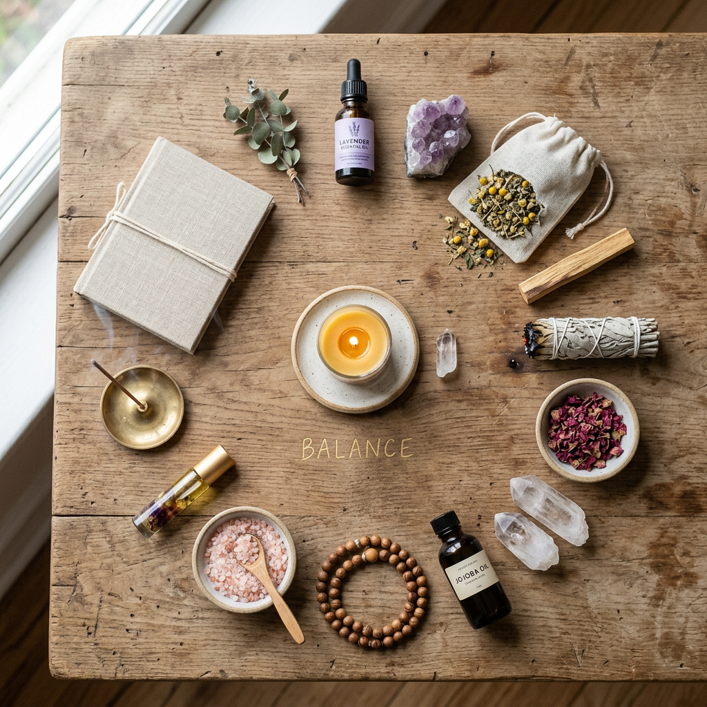 Circle of natural wellness items with candle and word BALANCE on wooden table